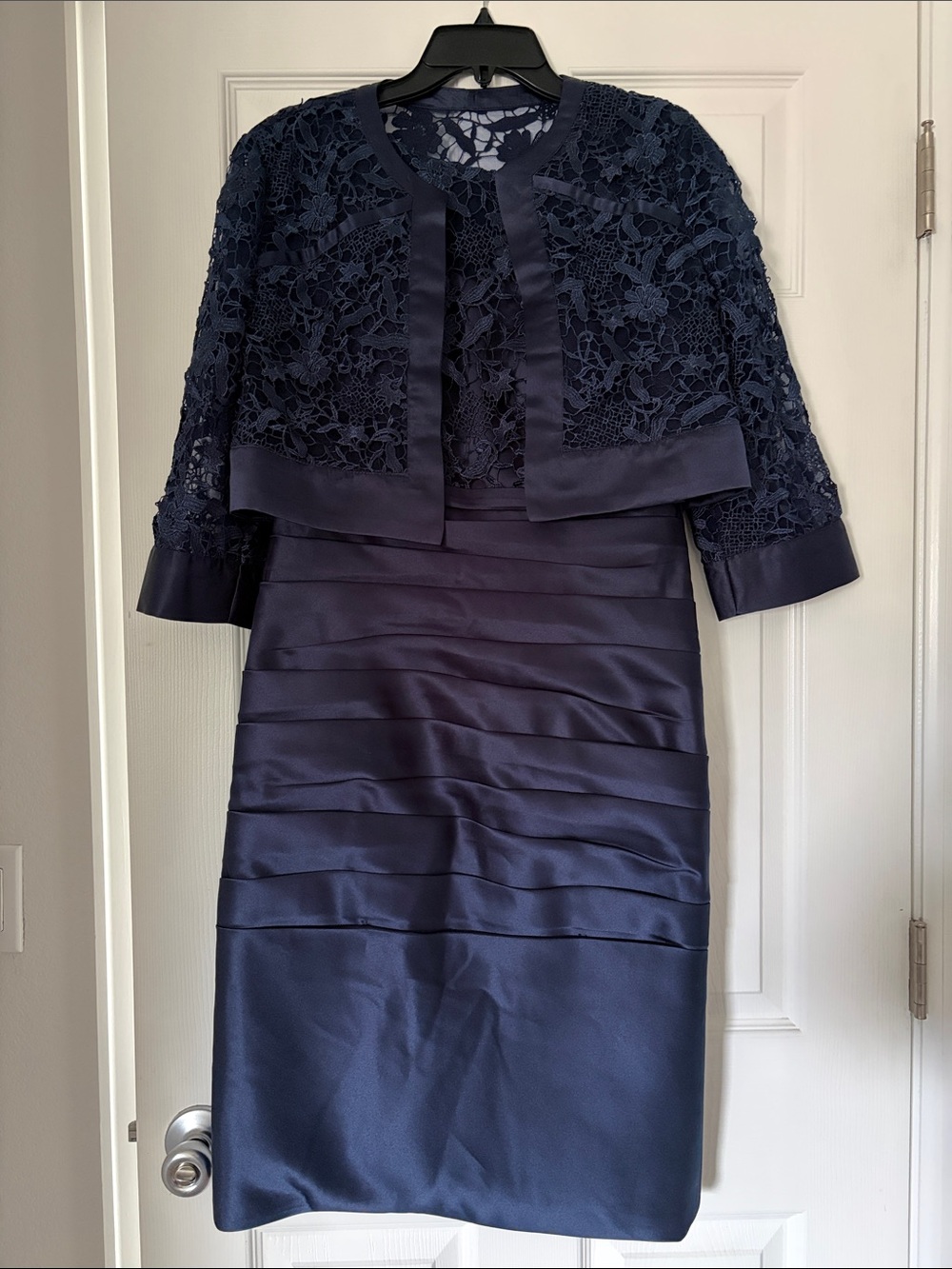 JJ’s House Navy Lace & Satin Sheath Dress with Cropped Jacket